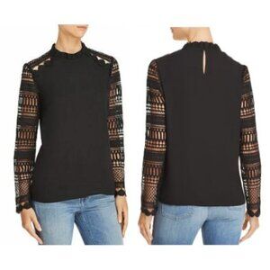 AQUA Black Mock-Neck Lace Long Sleeve Blouse Top Women's Size XS